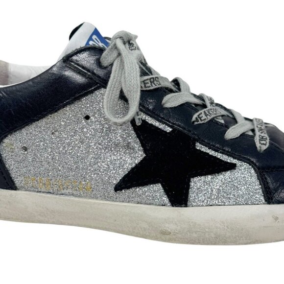 Golden Goose Superstar Sneakers Women Size 37 Silver Glitter Black Star Leather - Picture 3 of 15